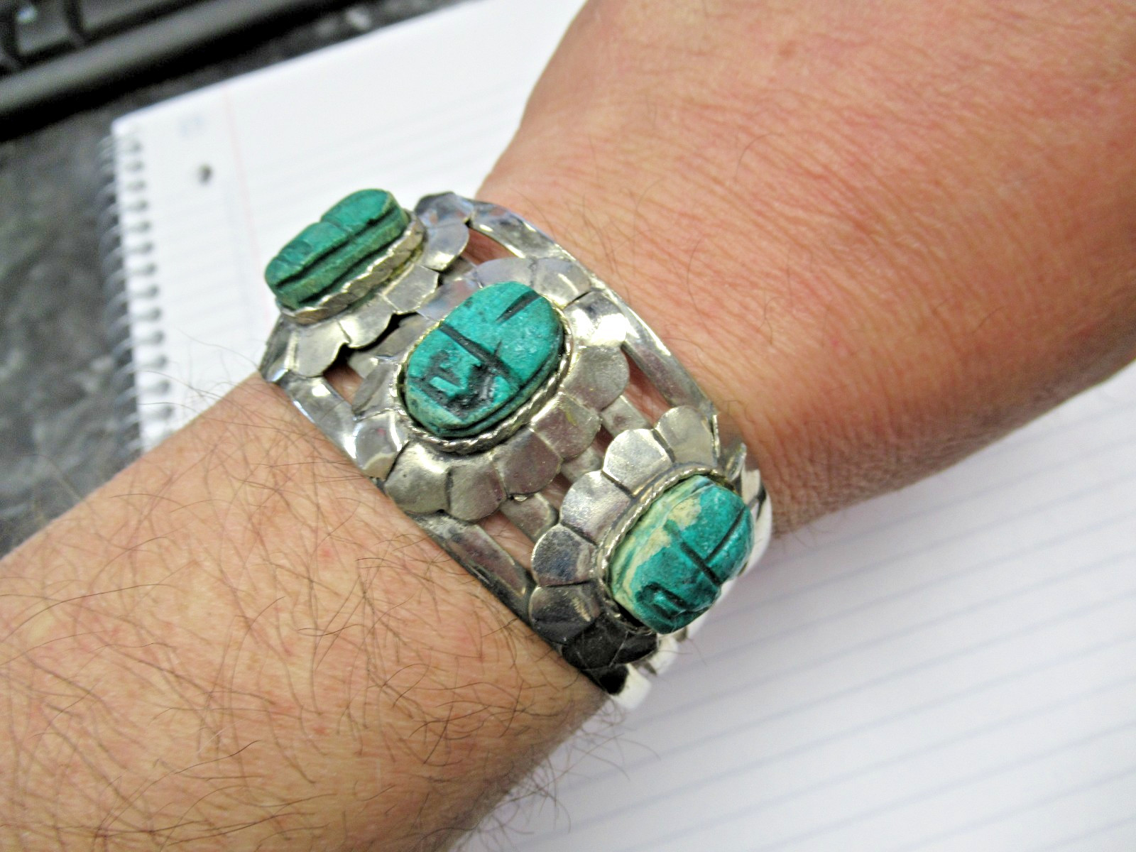 Vint Made Egypt Egyptian Faience 3 Scarab Concho Costume Jewelry Cuff Bracelet