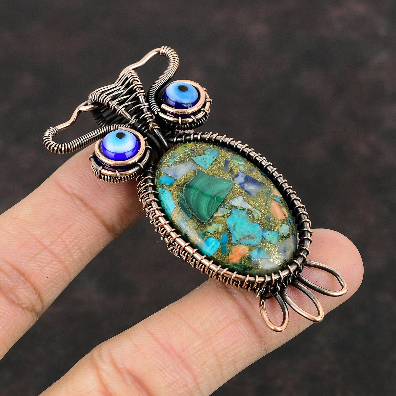 Multi Turquoise Gemstone Wire Wrapped Owl Pendant Copper Jewelry For Girls 2.76″