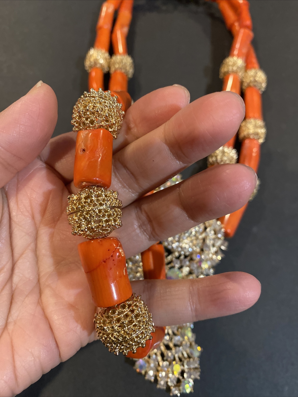 Gorgeous GOLD TONE Genuine Coral Rhinstones Two Strands Necklace Bracelet Set