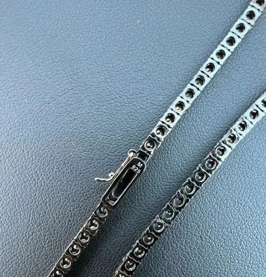 3MM 18Ct Round Lab Created Black Diamond Tennis Necklace925 Sterling Silver 18in