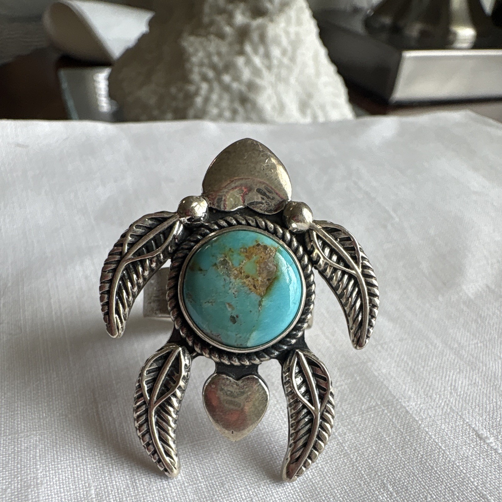 Mine 8 Turquoise 925 Sterling Silver Turtle Ring Size 7-9 adjustable