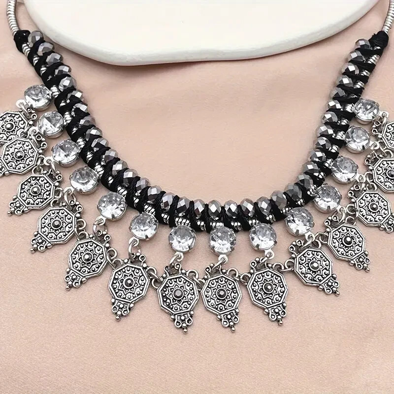 Grey Glass Beads Black Cord Wrapped Rhinestone Dangle Silver Tone Necklace