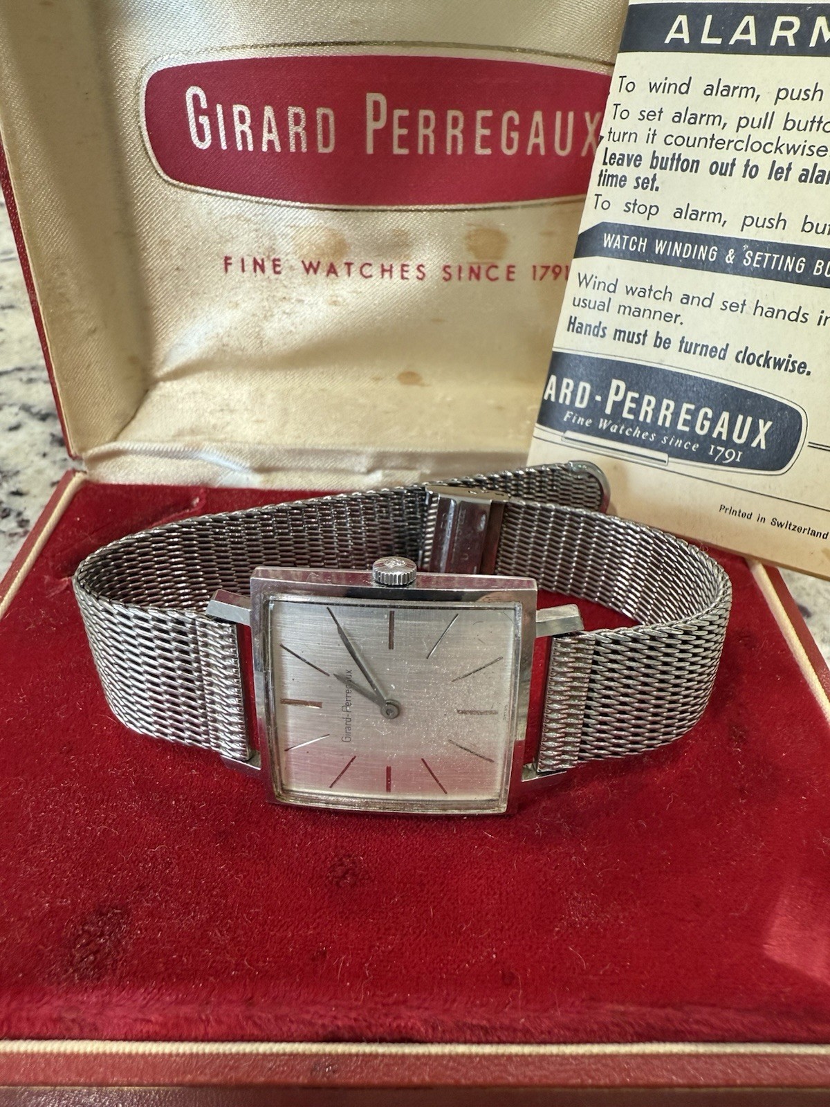 Rare 1960s Girard Perregaux 29mm Tank 17J S.Steel Manual Wind Watch W/Box