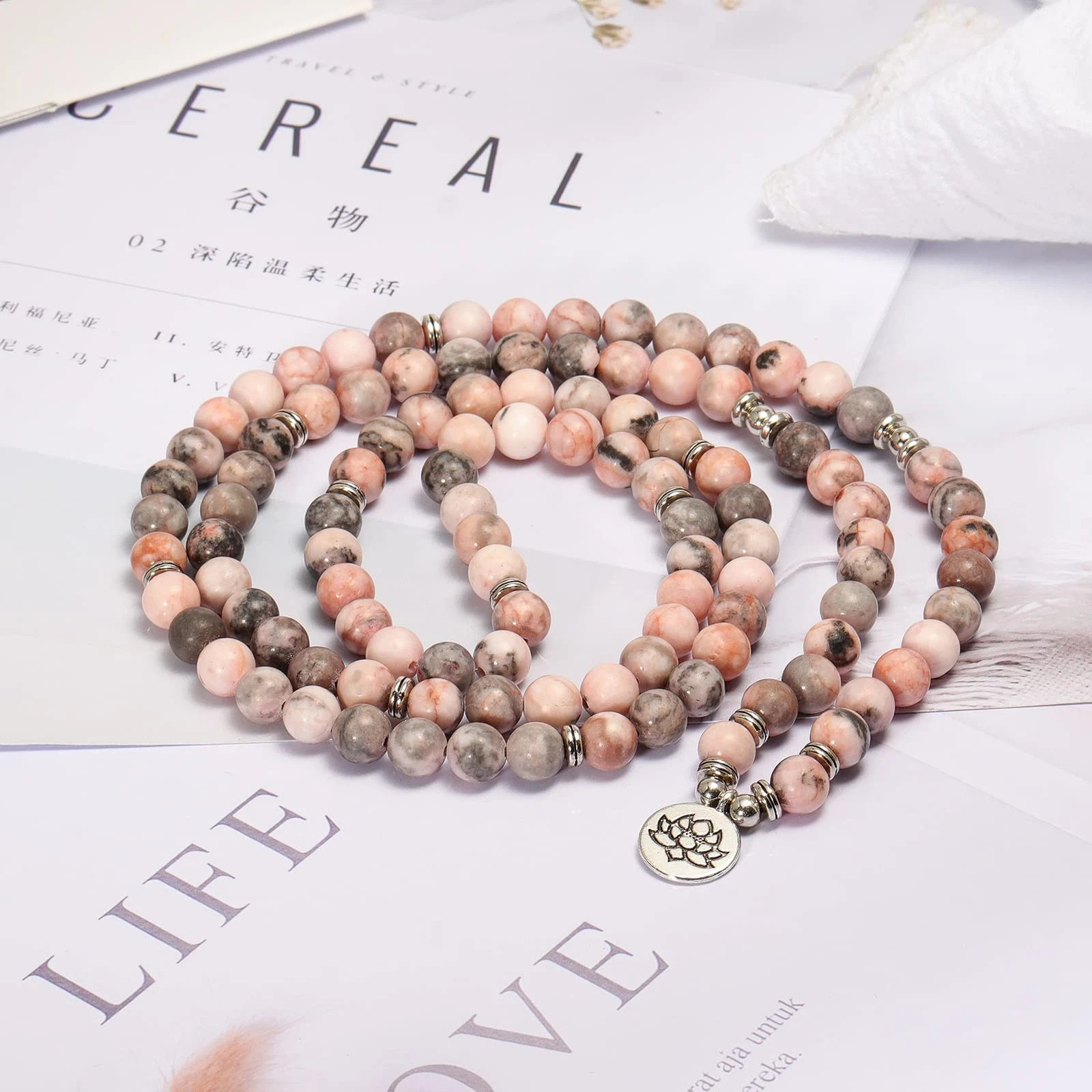 108 Mala Beads Wrap Bracelet Necklace 8mm Yoga Stretch Natural Stone Lotus Charm