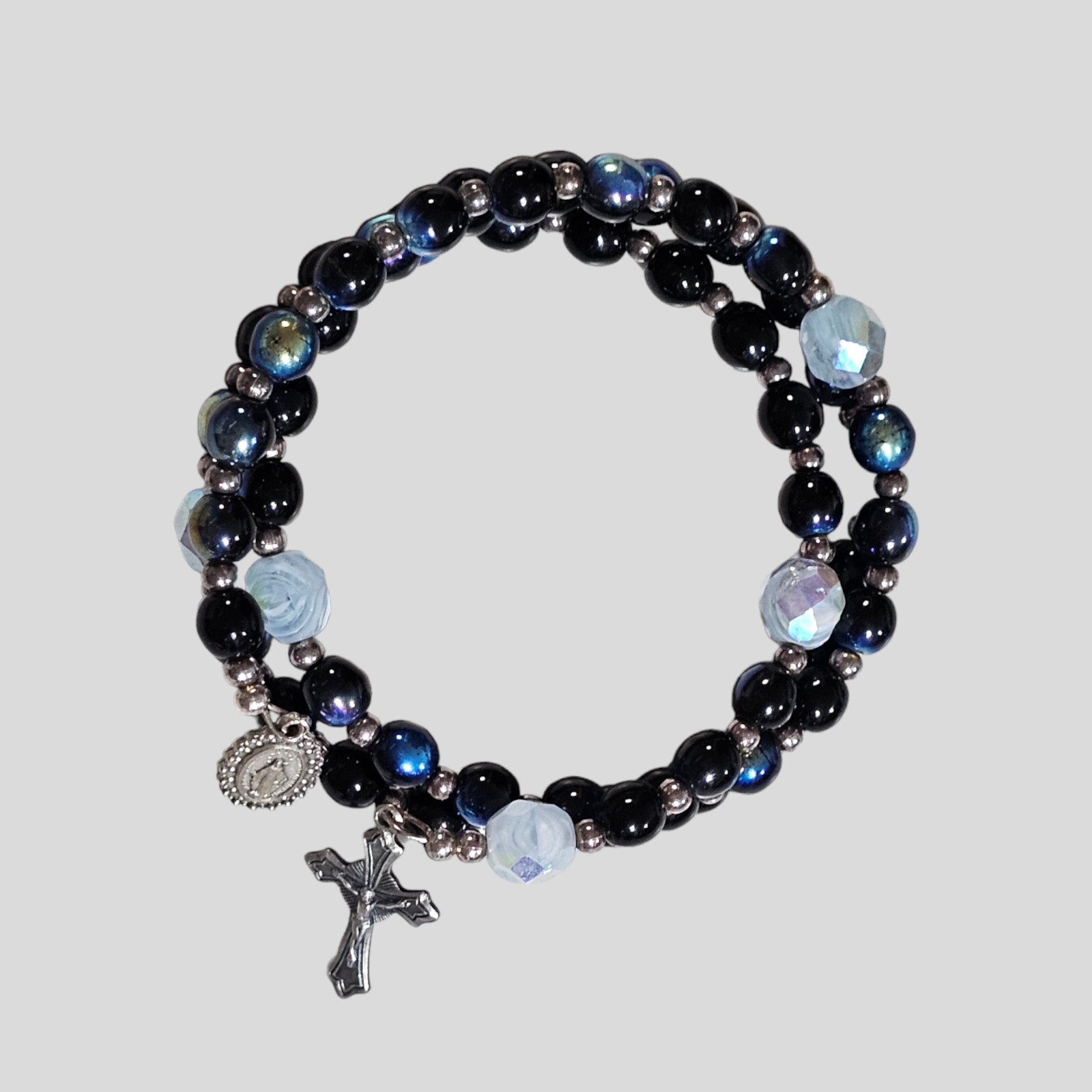 Religious Charm Beaded Coil Wire Wrap Cuff Bangle Bracelet One Size
