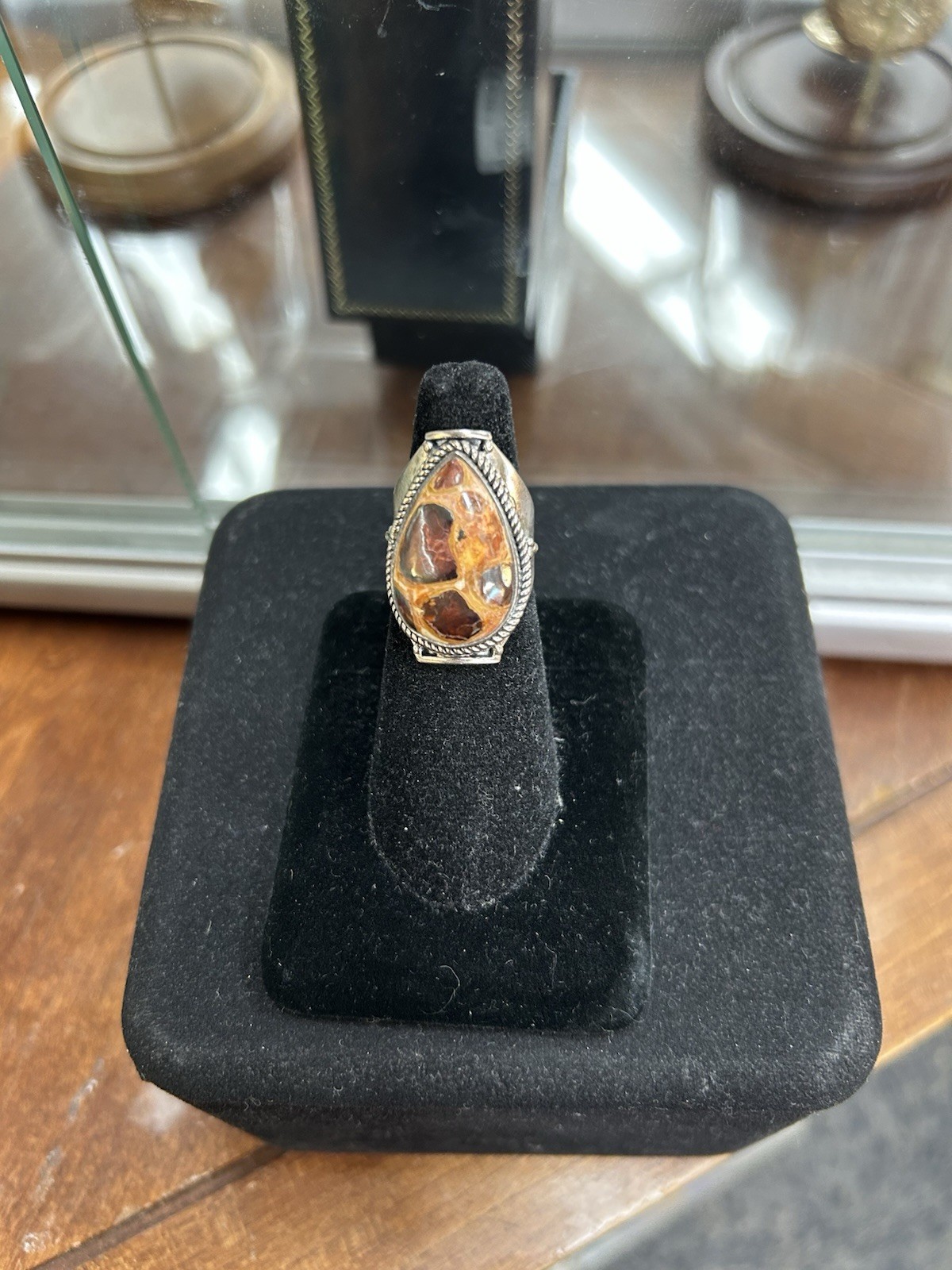 Sterling Silver Chert Breccia Pear shape Cabochon Ring Size 7.5