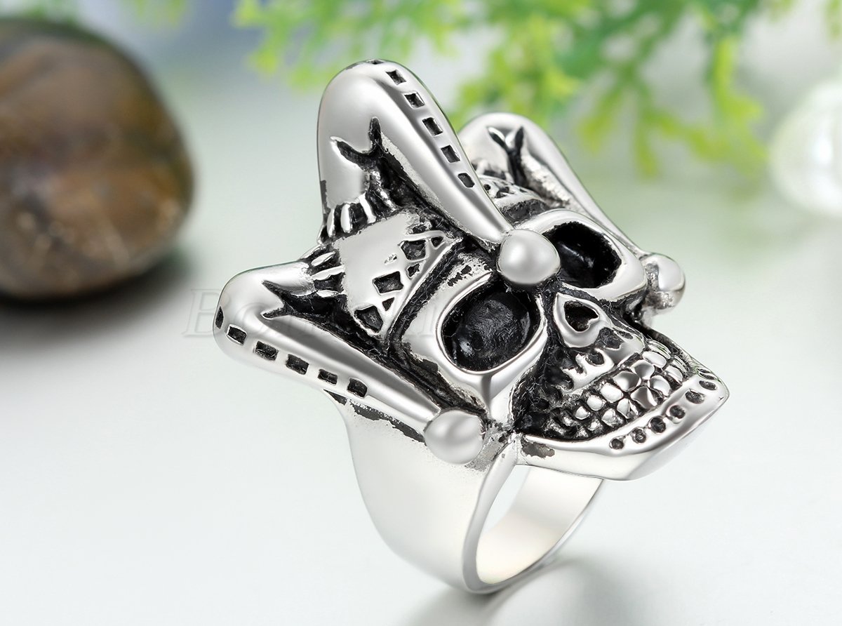 Men’s Gothic Biker Punk Stainless Steel Vinatge Clown Skull Ring Band Size 7-12