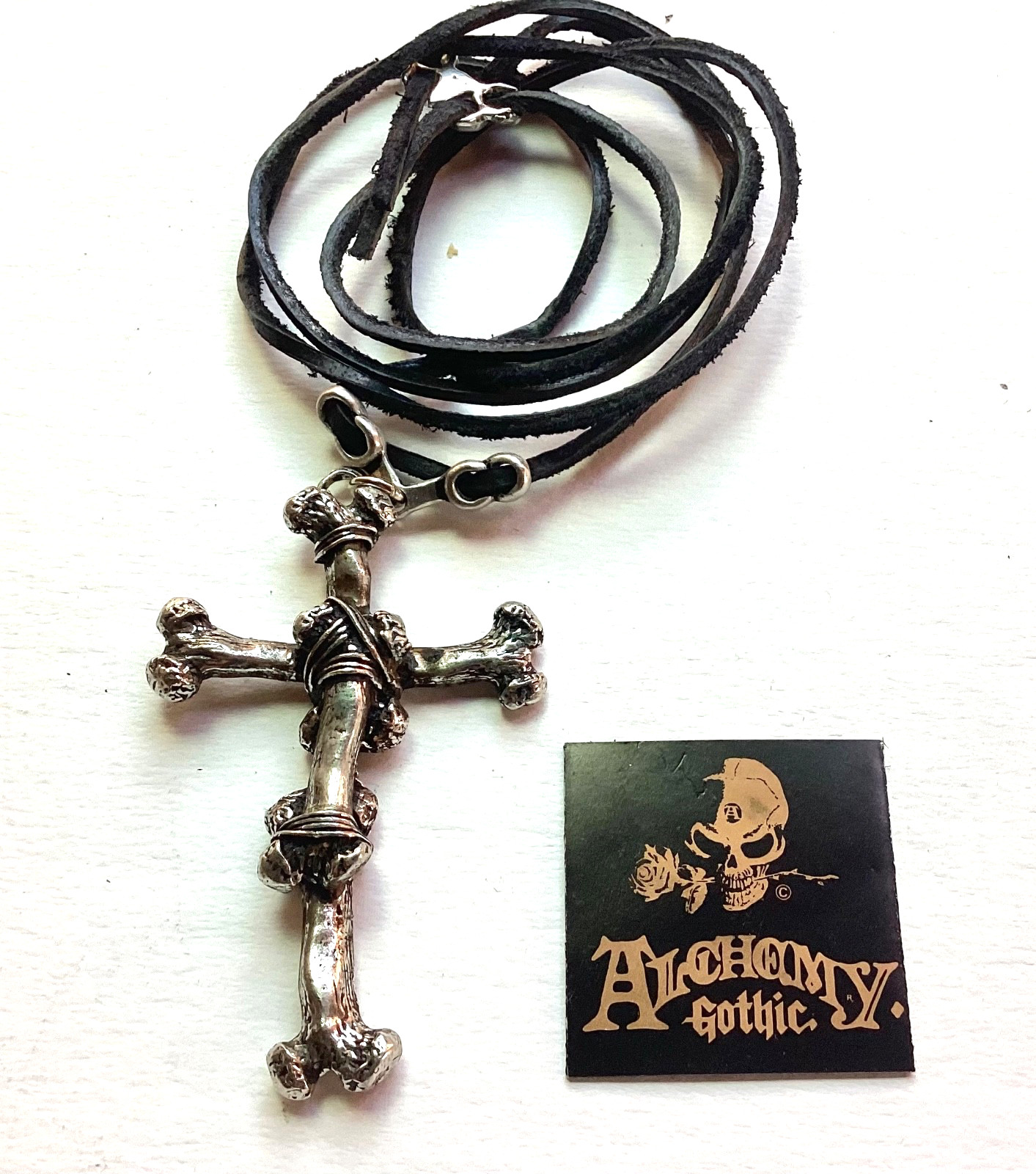 Alchemy Gothic BONE CROSS Thong Pendant Necklace N151