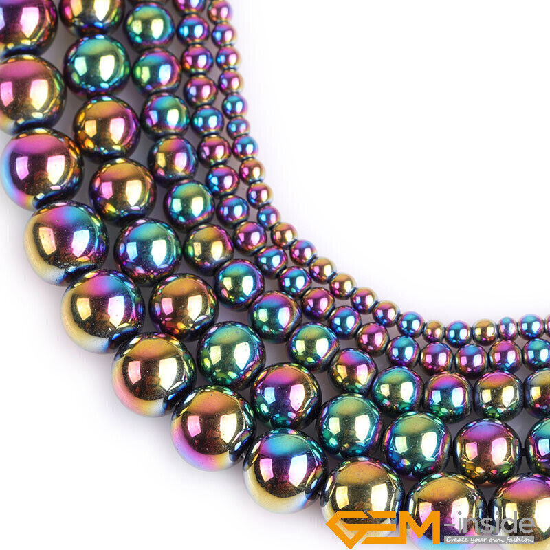 Rainbow Metallic Coated Reflections Hematite Round Spacer Beads 15″Bulk 2mm-12mm