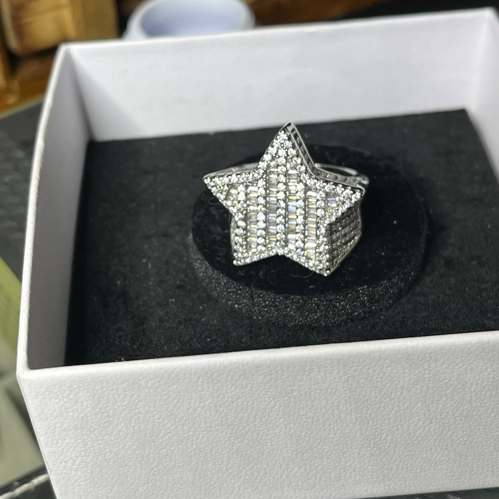 Silver Tone Star Masonite diamonds Baguette Statement Ring Size 7