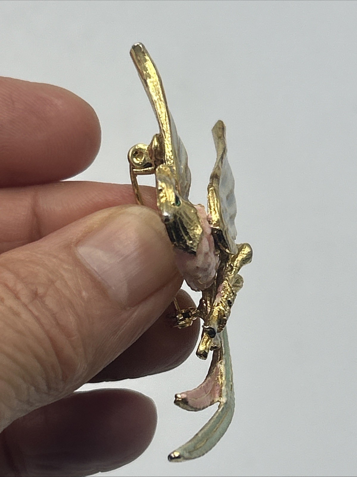 Vtg Bird of Paradise Phoenix Enamel Pastel Pink Blue Green Brooch 2.5″ Gold Tone