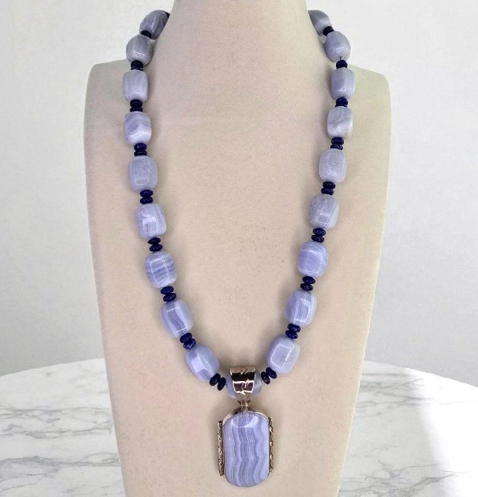 Mine Finds By Jay King DRT Blue Lace Agate Sterling Silver Bead Necklace Pendant
