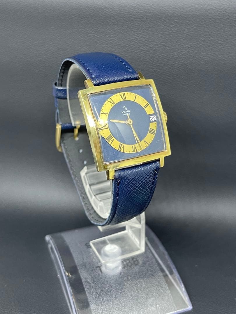 YEMA Paris Square Manual Wind Watch Blue Dial Date From Japan