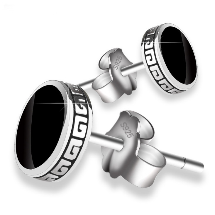 Men 925 Sterling Silver Post Black Enamel Round Stud Earrings gift Box 6/8mm K74