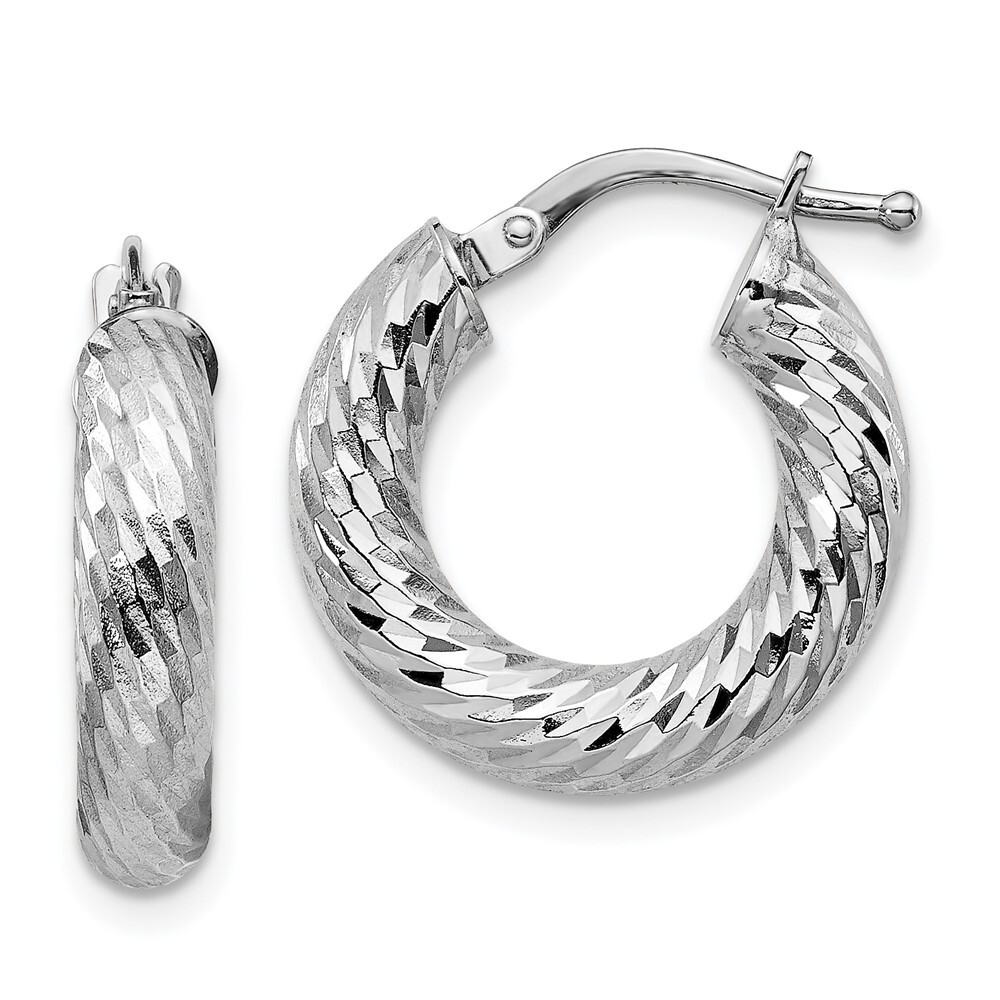 19mm 14k 4x10mm White Gold Diamond-cut Round Hoop Earrings