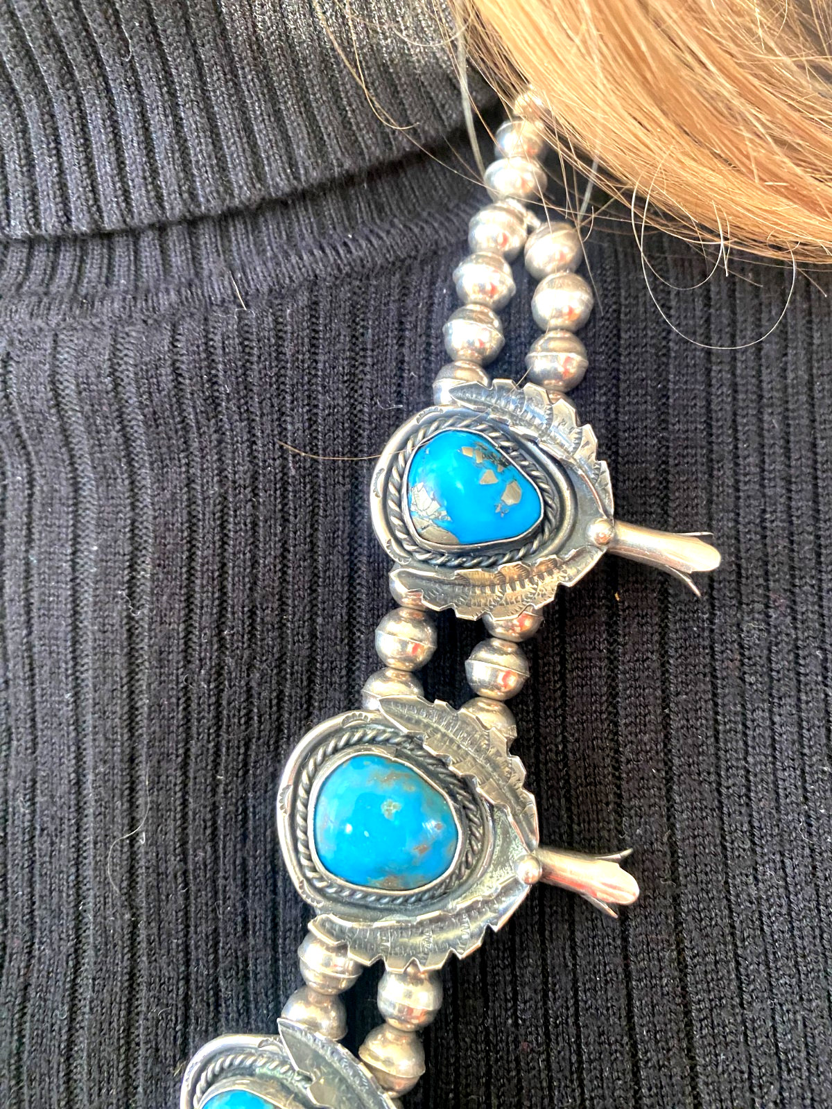 Turquoise Squash Blossom Necklace Vintage Sterling 275g