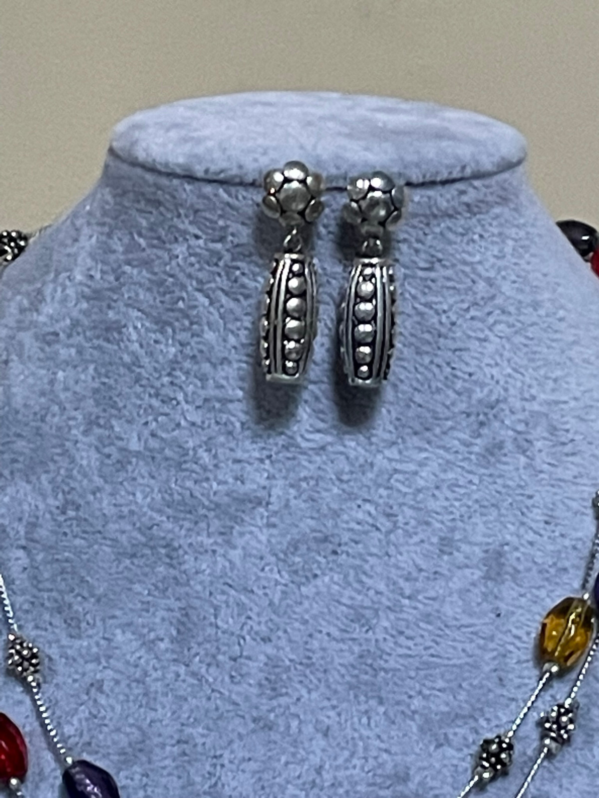 three Layers multi color faceted glass bead silver tone finish necklace earring
