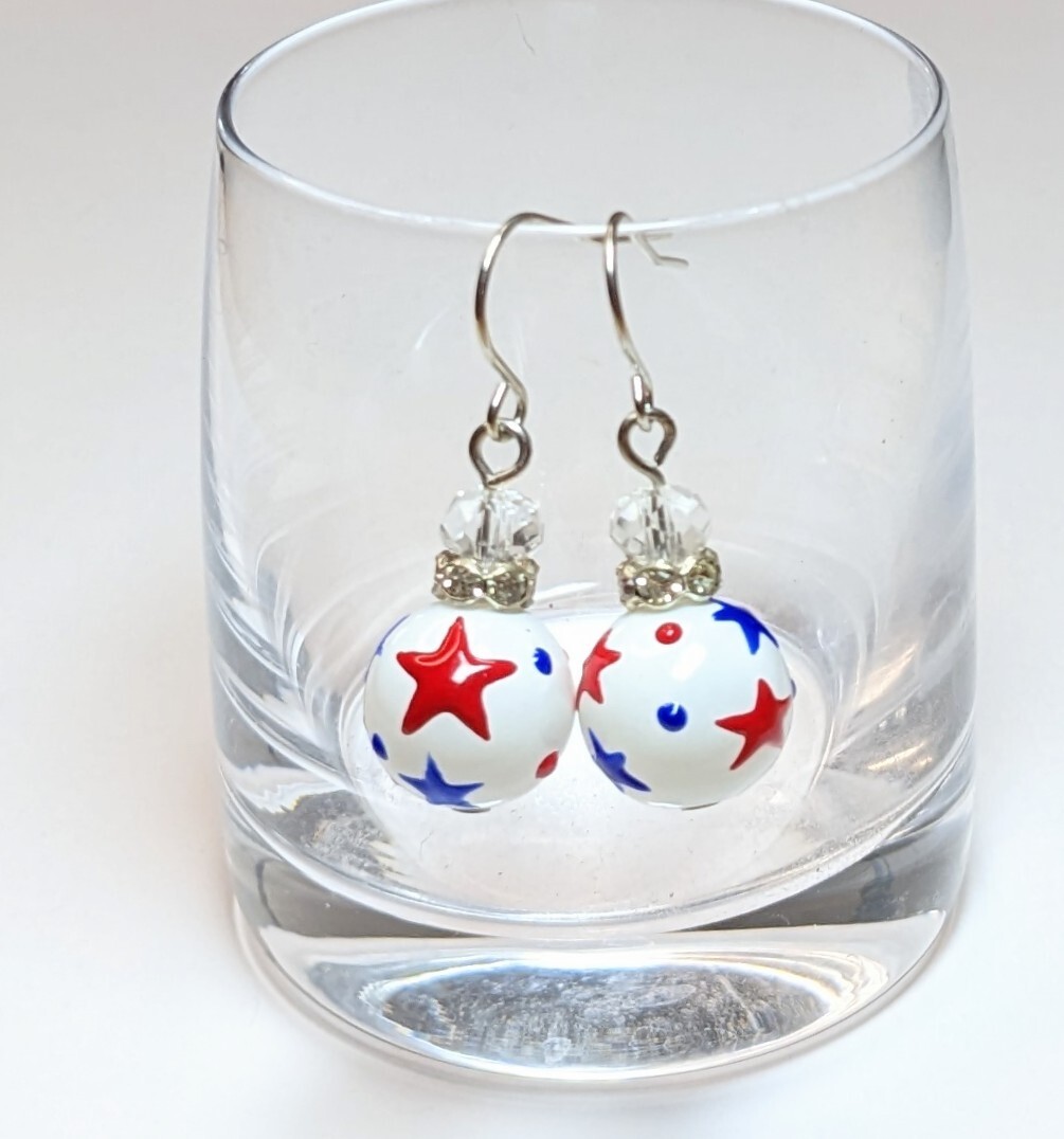4th of July Bracelet Earring set RWB Stars Beaded Stretch Bracelet Earrings