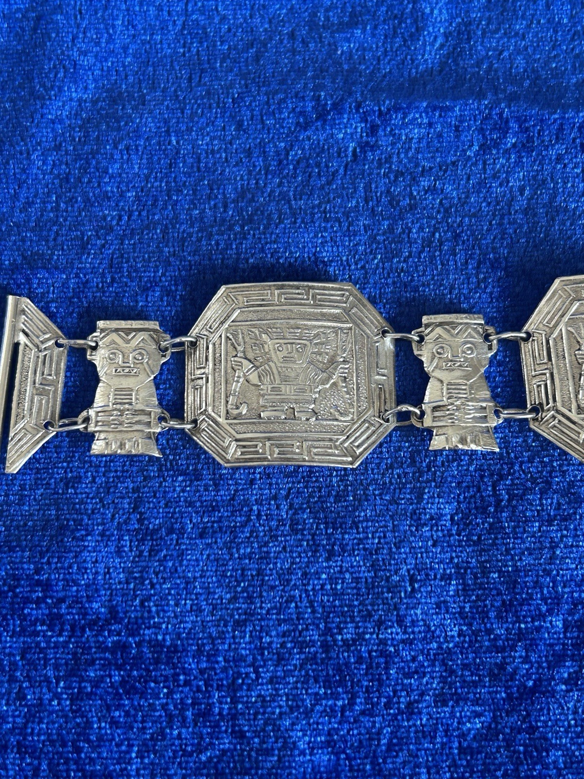 Vintage Estate Sterling Silver Inca Guardians Panel Bracelet Handmade Peru Old
