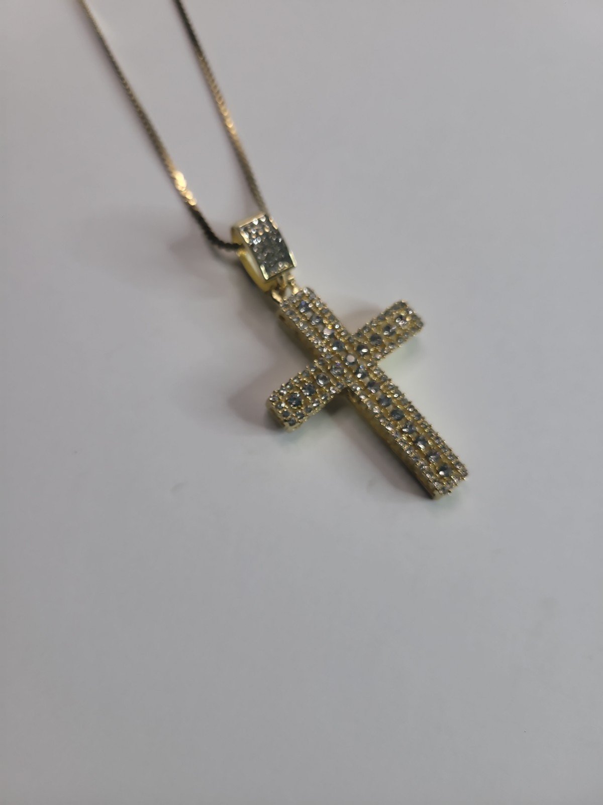Gold Tone Iced Out Cross Pendant Necklace Clear Rhinestone Pave Hip Hop Style