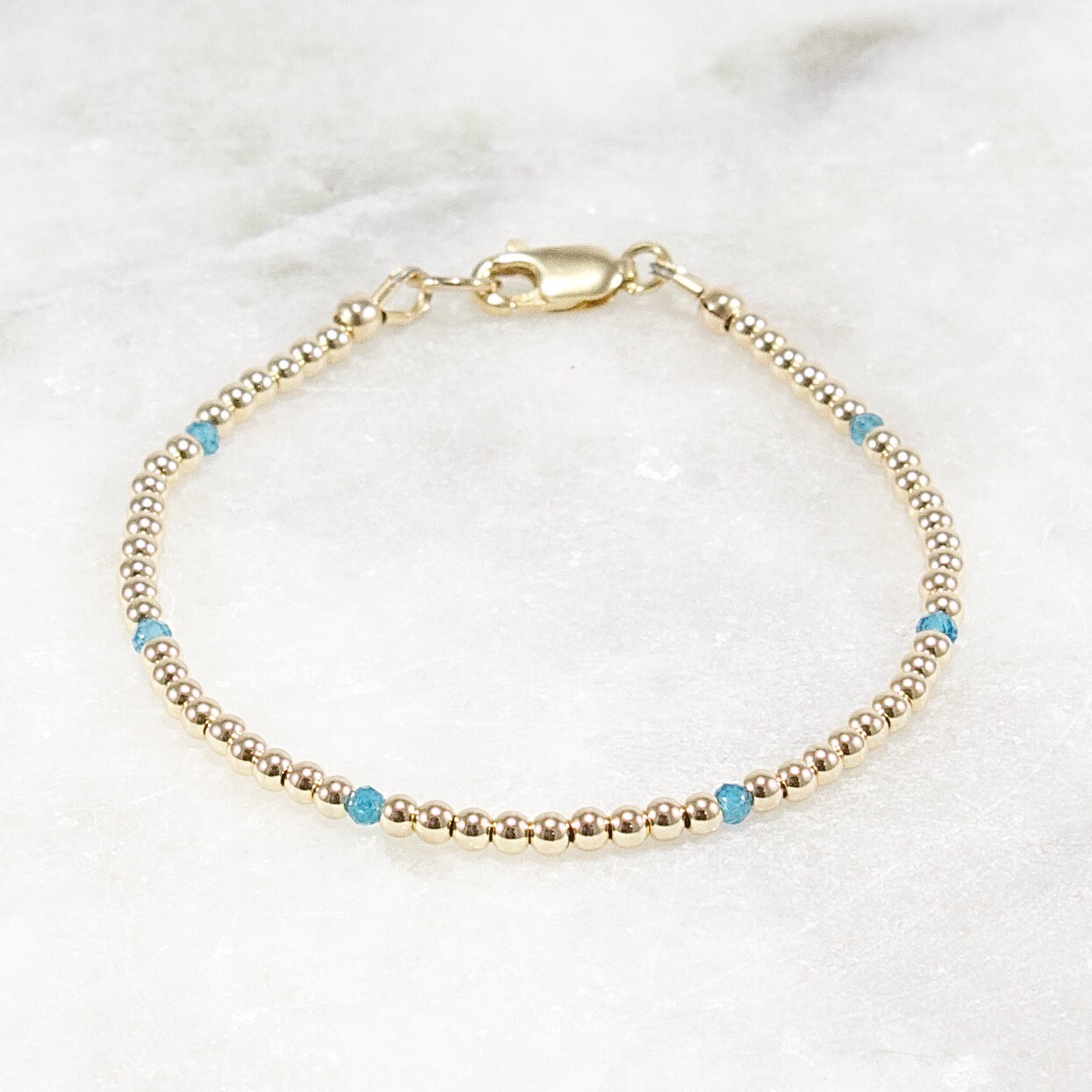 Gold and Apatite Beaded Bracelet, 14k Gold Filled, Neon Blue Apatite