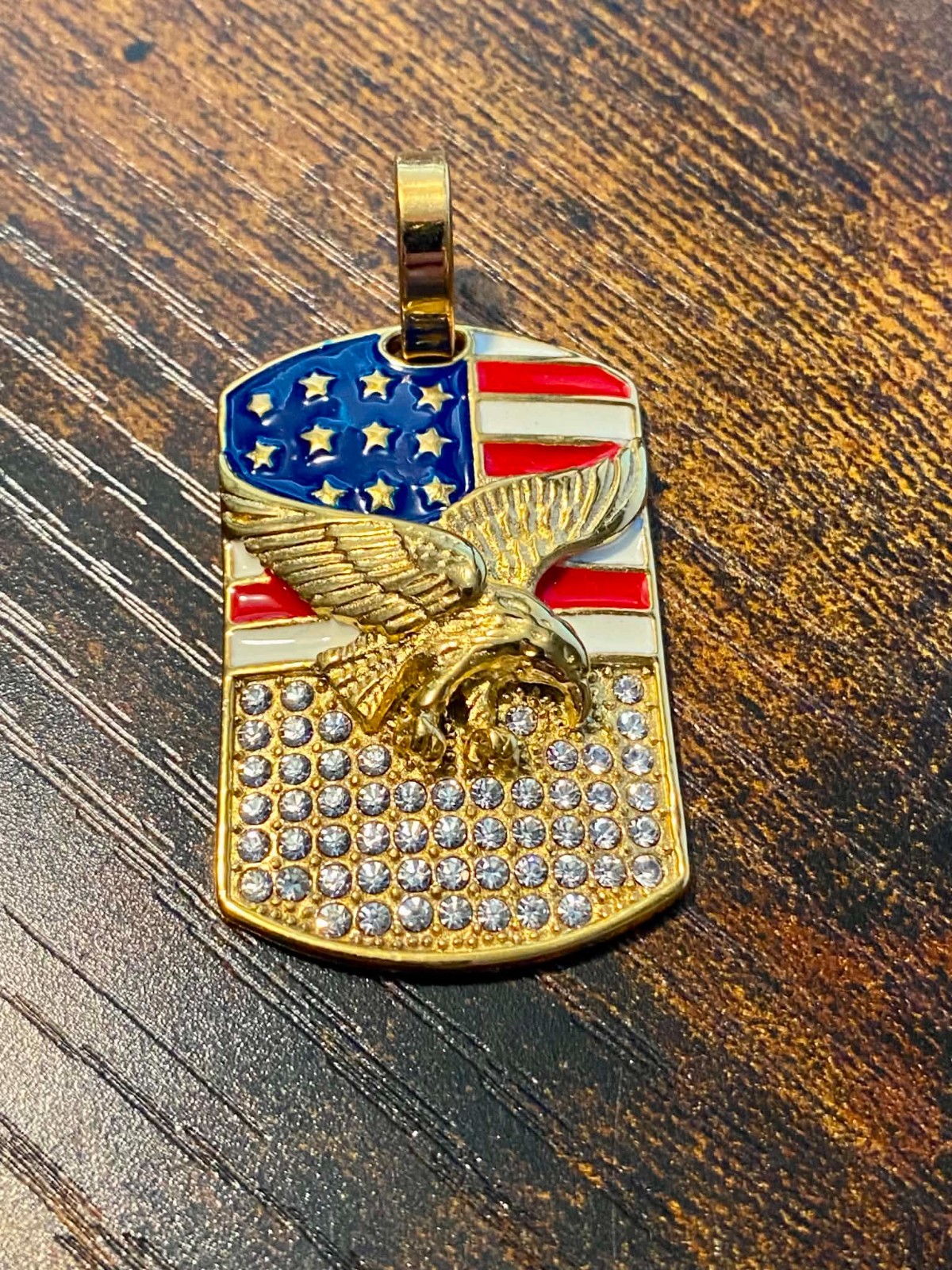 Iced 14K Gold Tone American Eagle USA Flag Pendant Rhinestone Patriotic Jewelry
