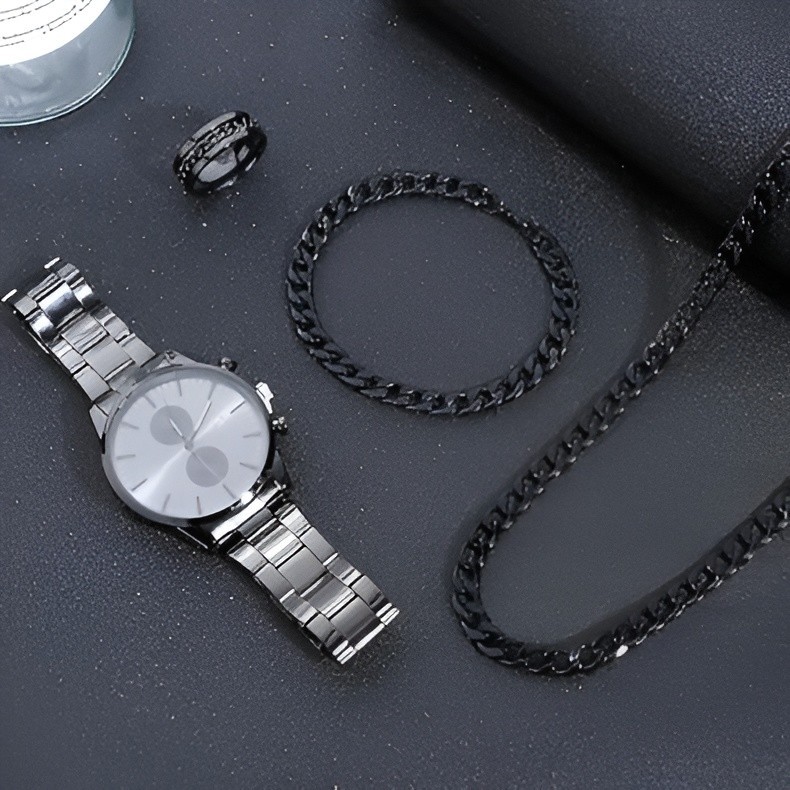 4 Piece Men’s Jewelry Set Watch, Necklace, Ring, Bracelet