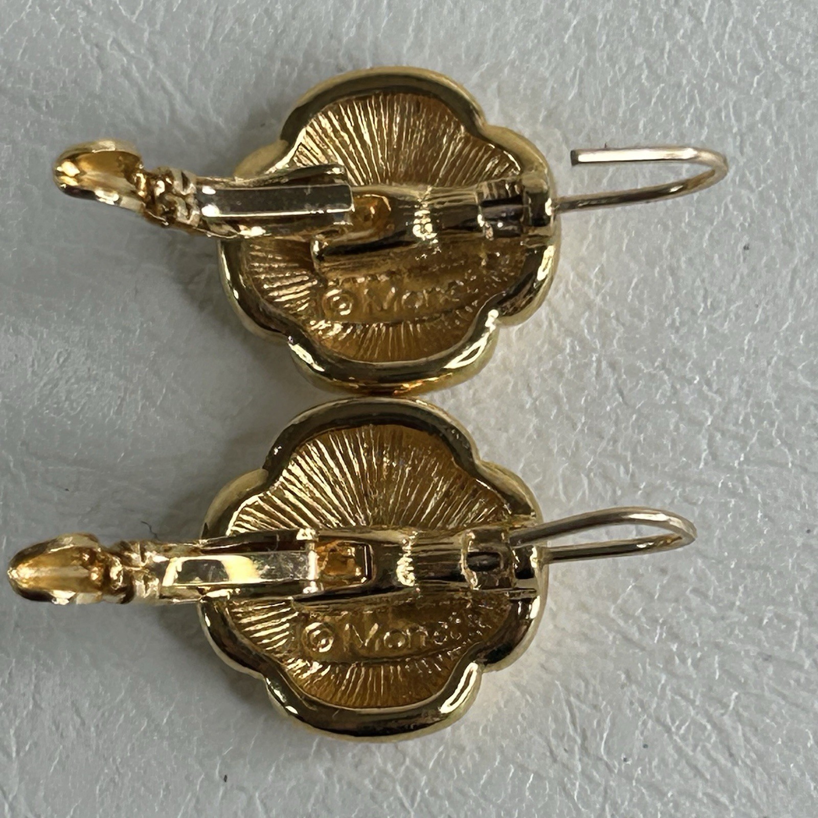 Vintage Monet Lever Back Earrings Gold Tone Button Dome Quatrefoil Motif