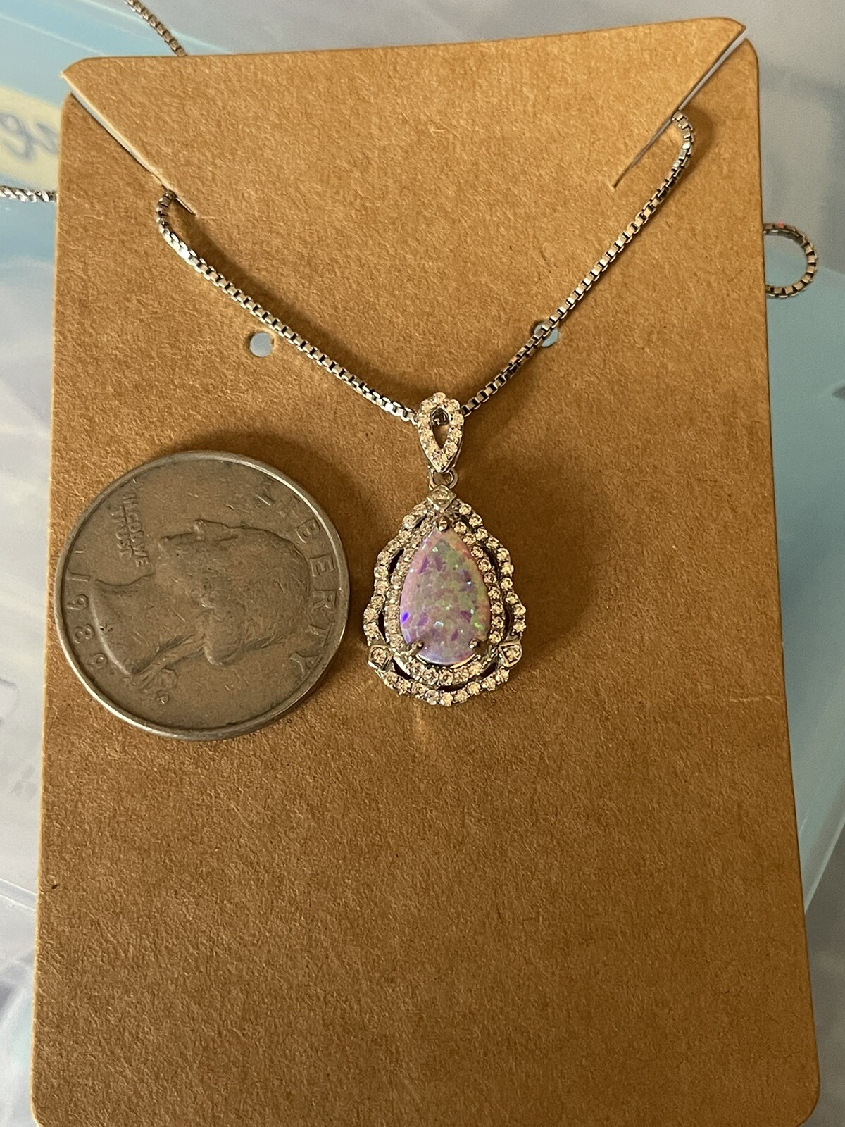 Sterling Silver Pear Pink Lab Opal CZ Necklace 22 Inch Chain