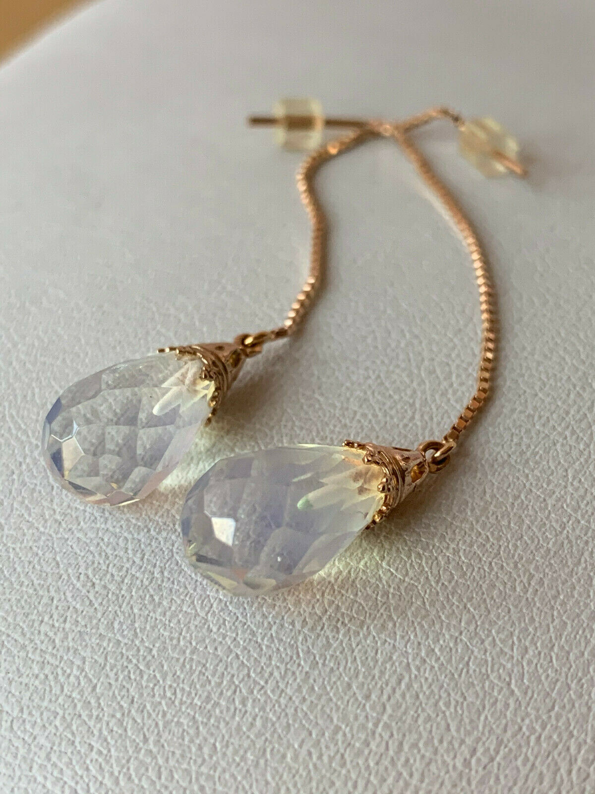 14K PINK ROSE GOLD MOONSTONE THREADER PULL THROUGH CHAIN DANGLE DROP EARRINGS
