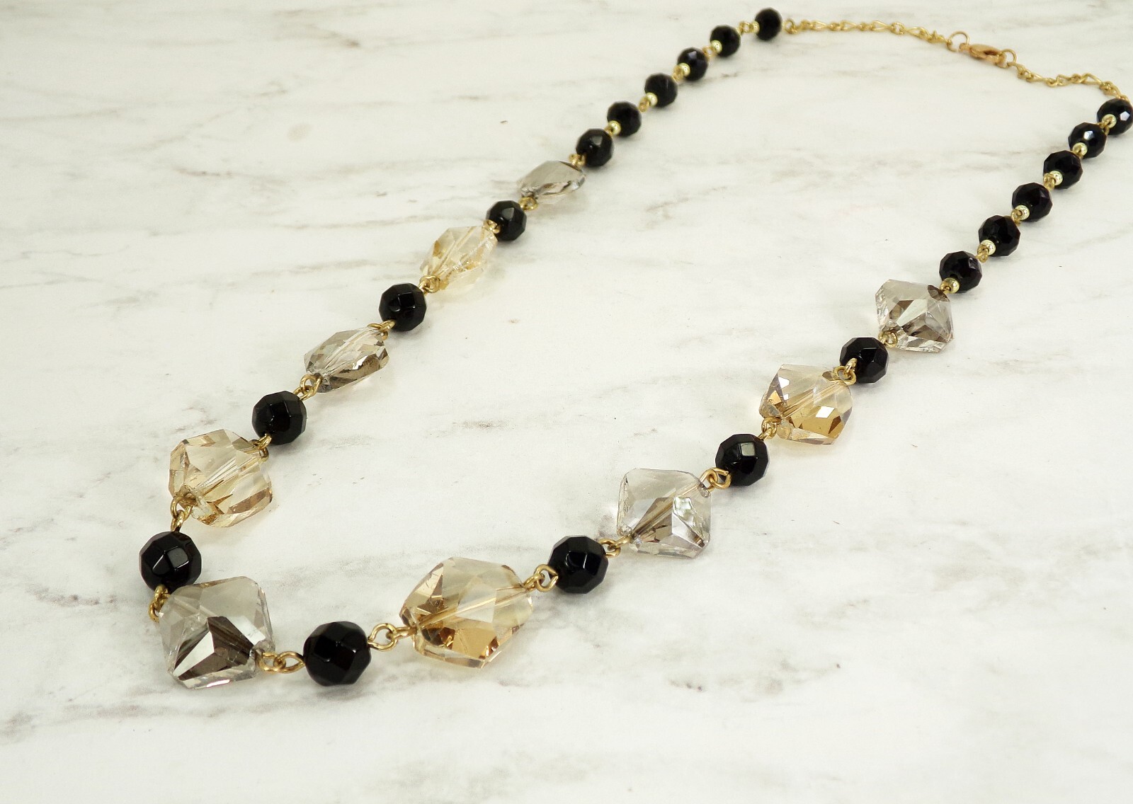 Multi color glass bead link necklace in beige, gray and black glass colors New