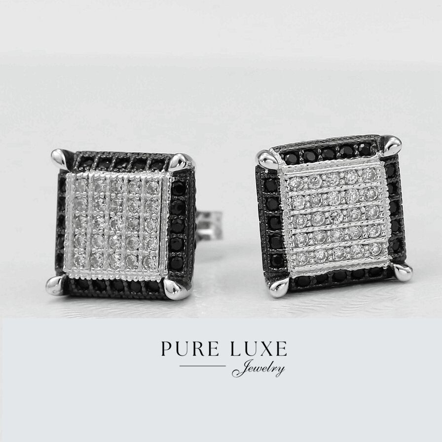Men’s Sterling Silver 925.Black CZ Square 11mm Pairs Earring Unisex + Box