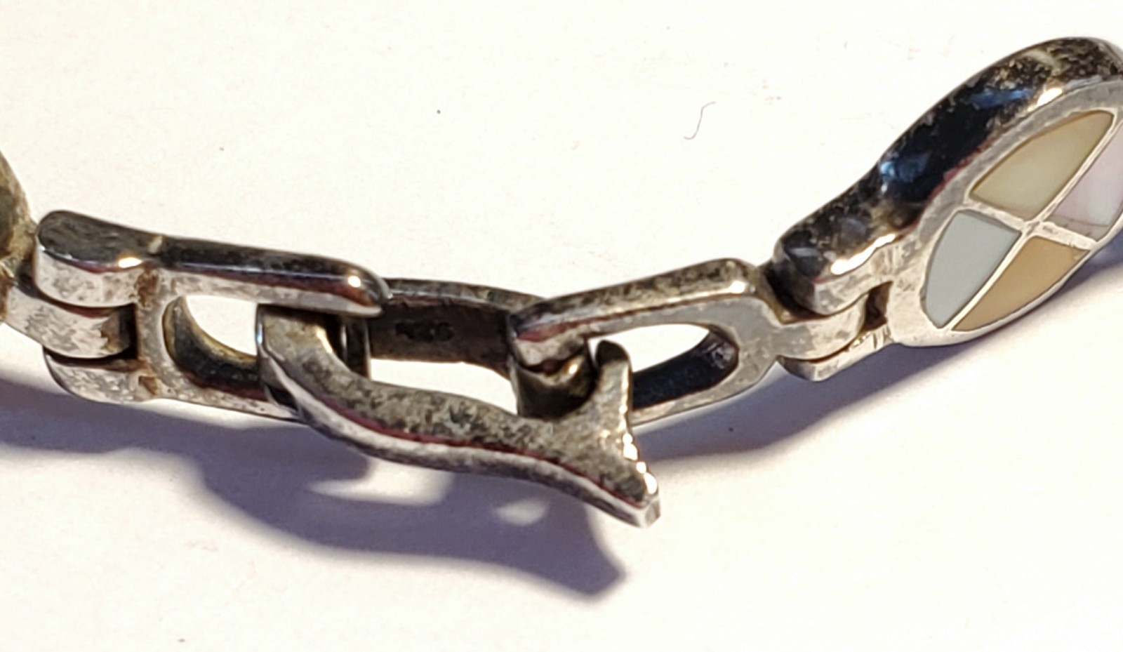 Vintage Bracelet, Sterling Silver & Shell, Artisan Made, 8 Inches Long