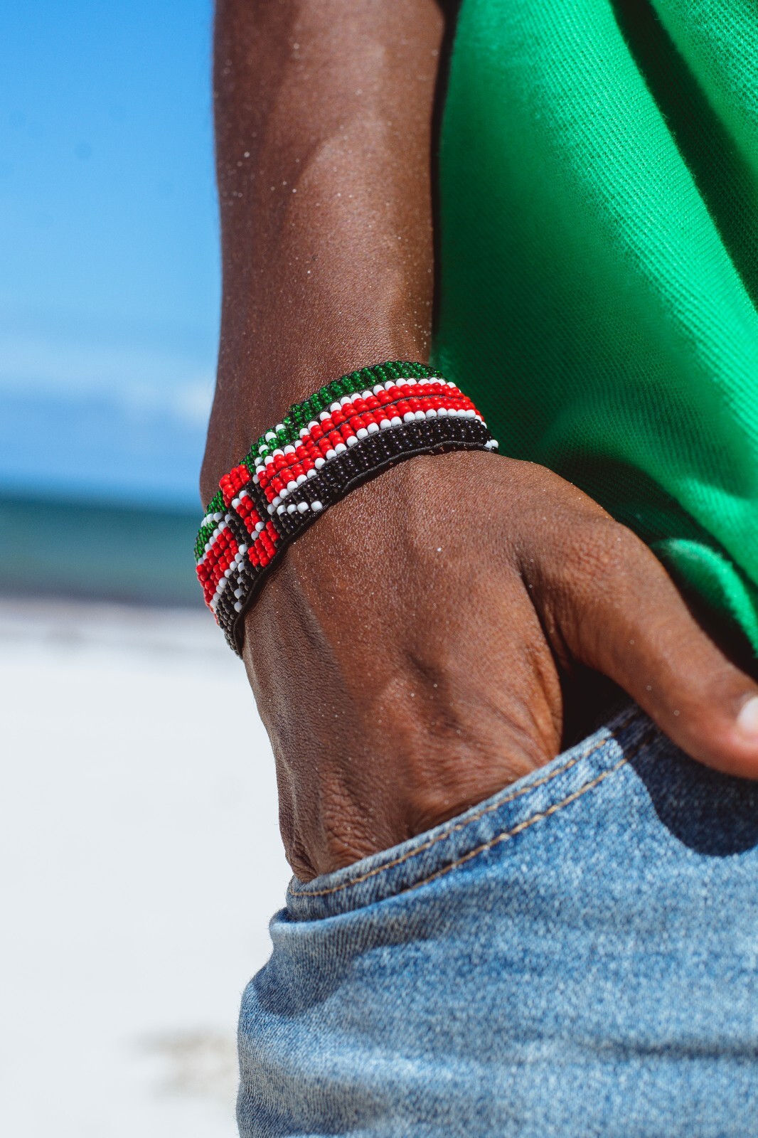 Wrist Band Bracelet Maasai Masai Beaded Kenyan Flag with Elastic Men Size 8″