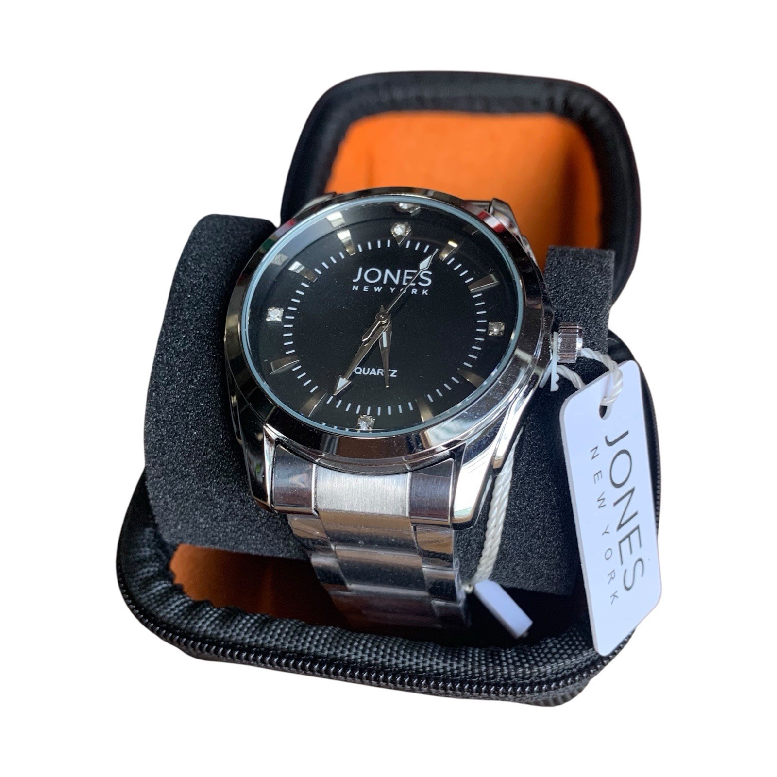 Jones New York Men’s Quartz Analog Watch Black Dial Silver tone with travel case