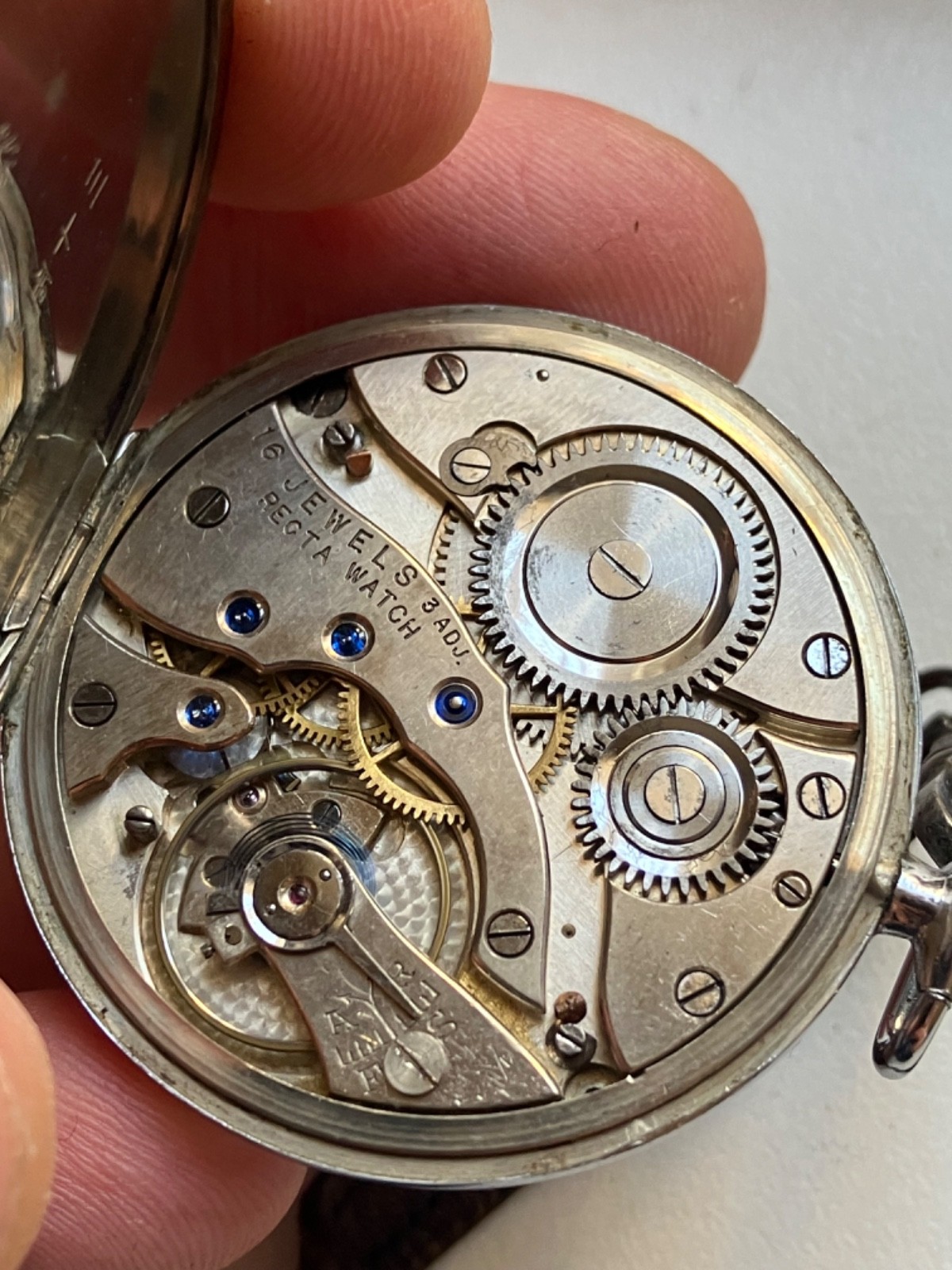 Recta Bienne &Geneve Vintage Pocket Watch BLUE JEWELS ! RARE! Works 23 Hours!