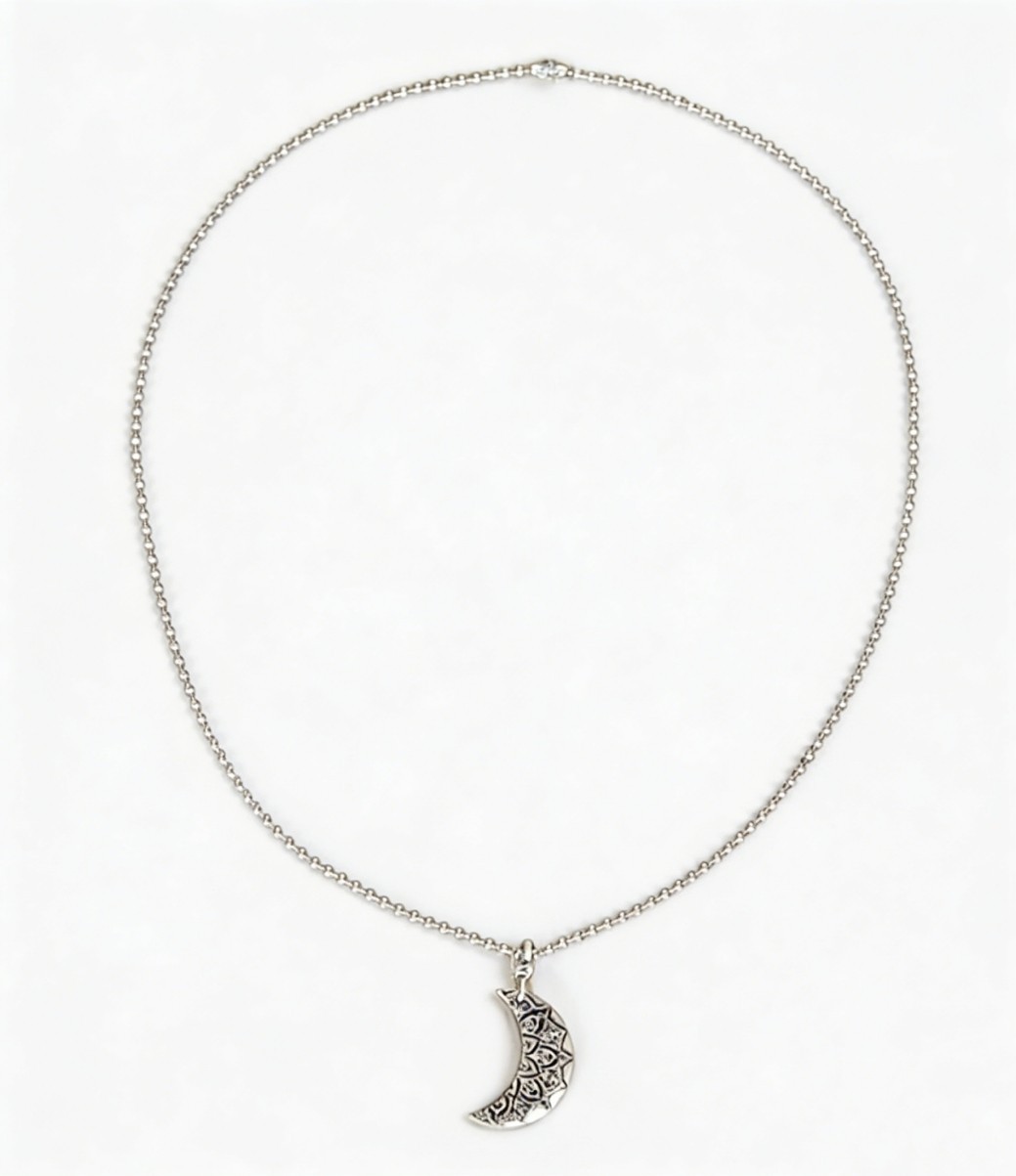 Bohemian Retro Carved Pattern Moon Pendant Small Round Beads Chain Necklace