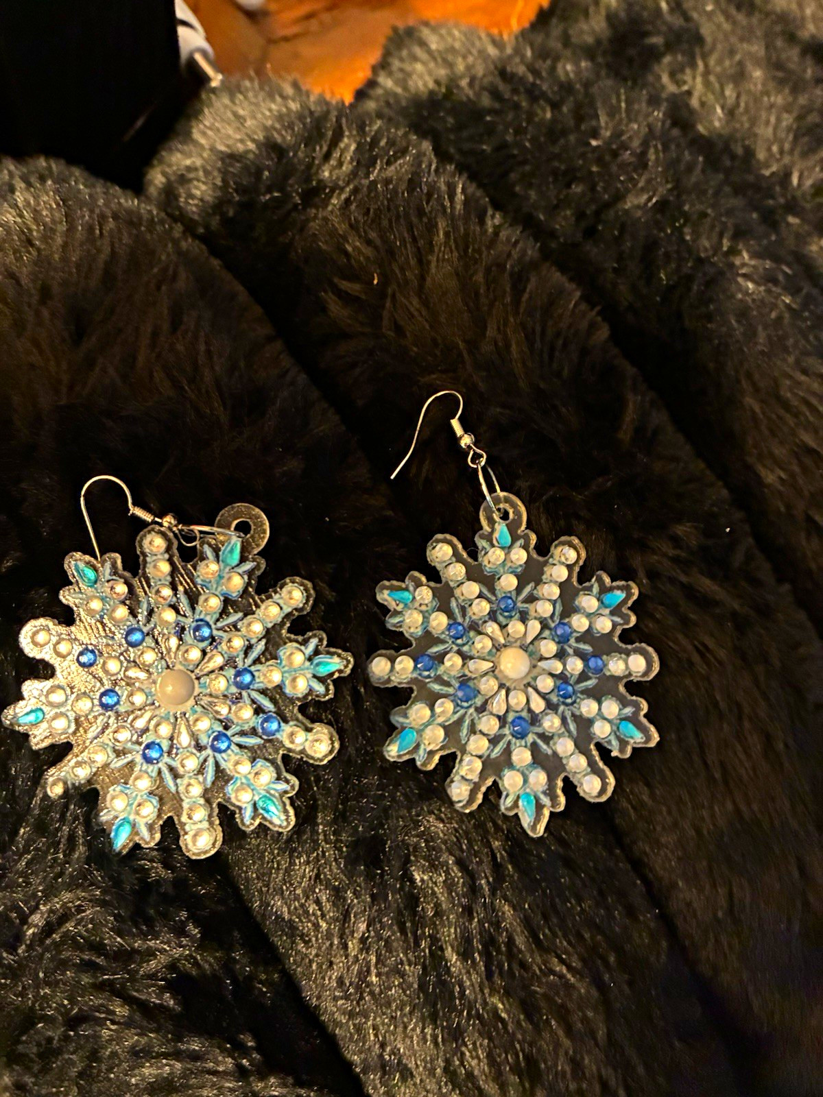 Blue Crystal Snowflake Dangle/Drop Hook Earrings in Silver Tone