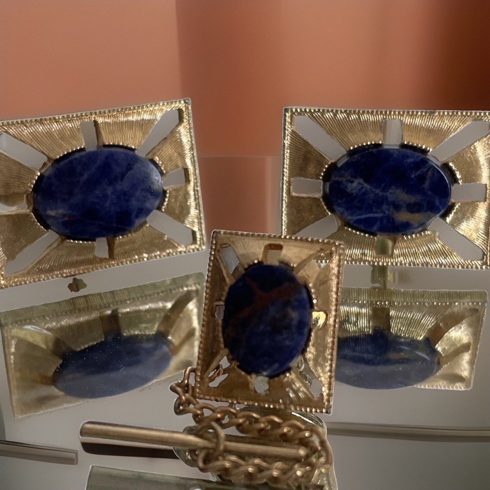 Rectangler GoldTone Vintage Cuff Links & Tac Oval Blue Lapis Lazuli Stone A12