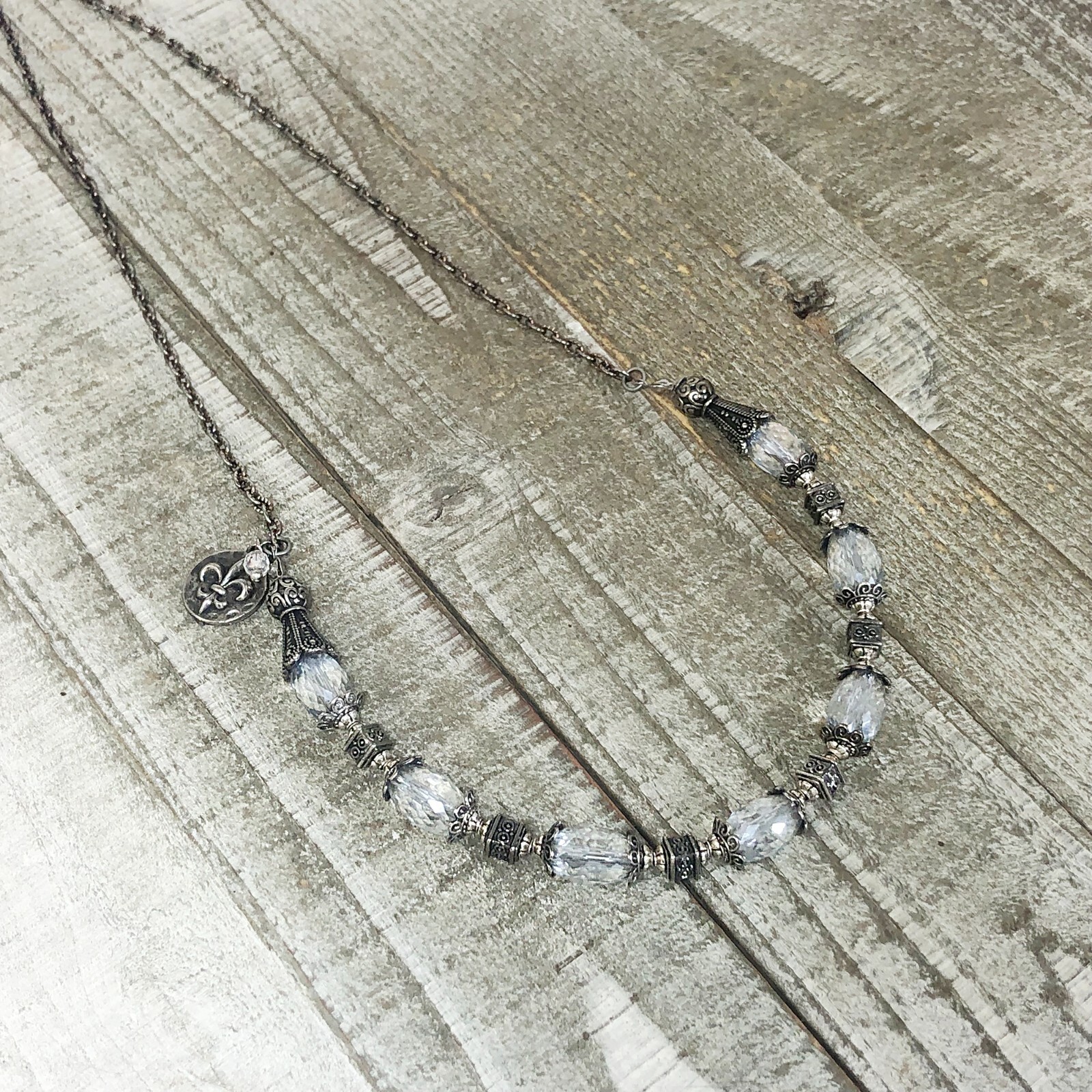 Art Deco Choker Faceted Glass Beads, Pewter Bead Caps, Fleur de Lis Charm