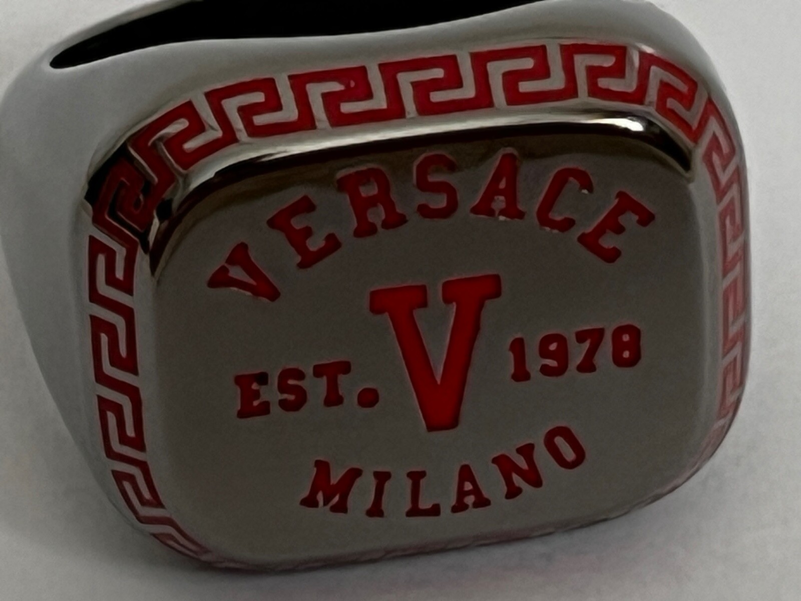 NIB Versace Varsity Red V Greek Key Logo Ruthenium Signet Ring Sz 17 US 8 $495