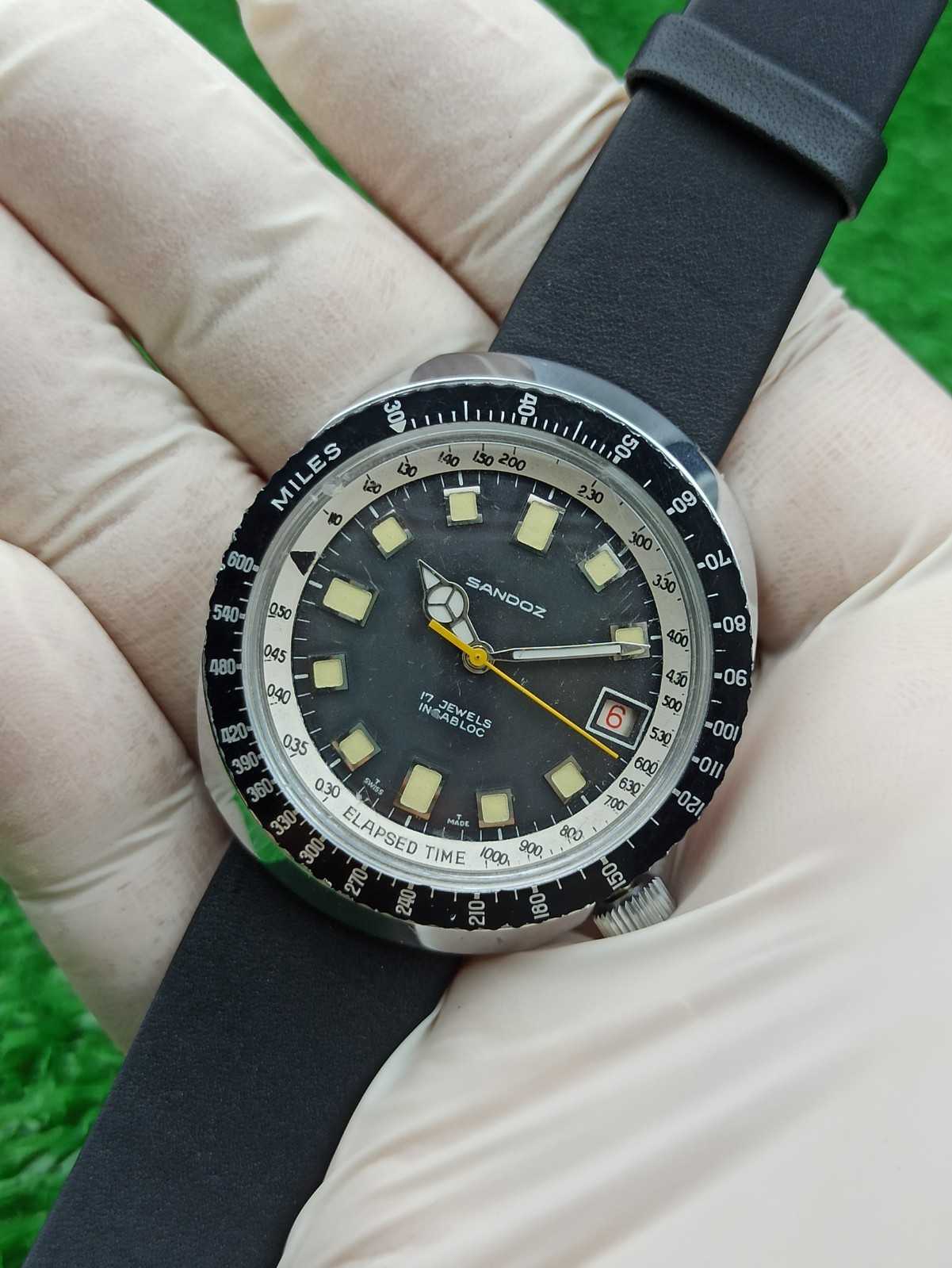 HYPER-RARE SANDOZ JUMBO DIVER BLACK WATCH MECHANICAL SWISS 1970s