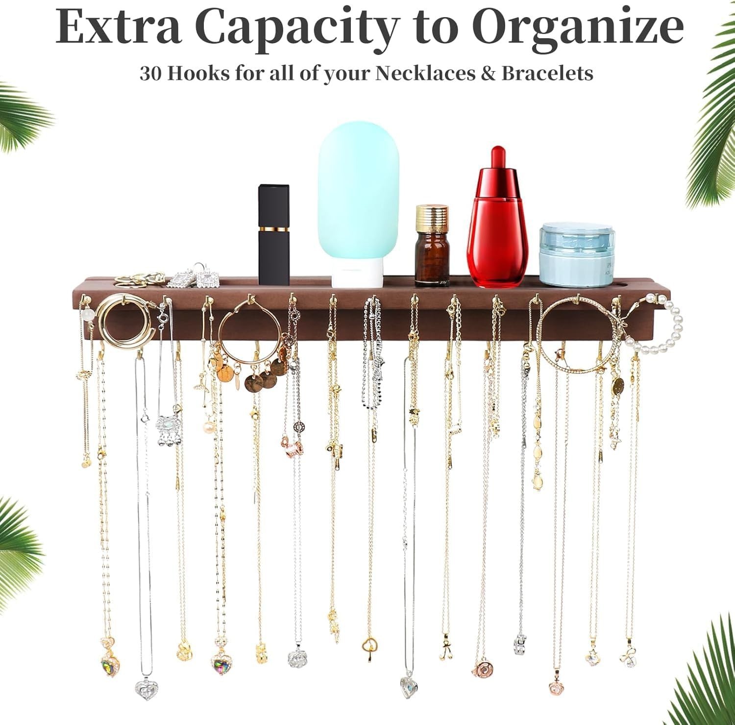 Elegant 30-Hook Necklace Organizer Wall-Mounted Jewelry Holder in Walnut