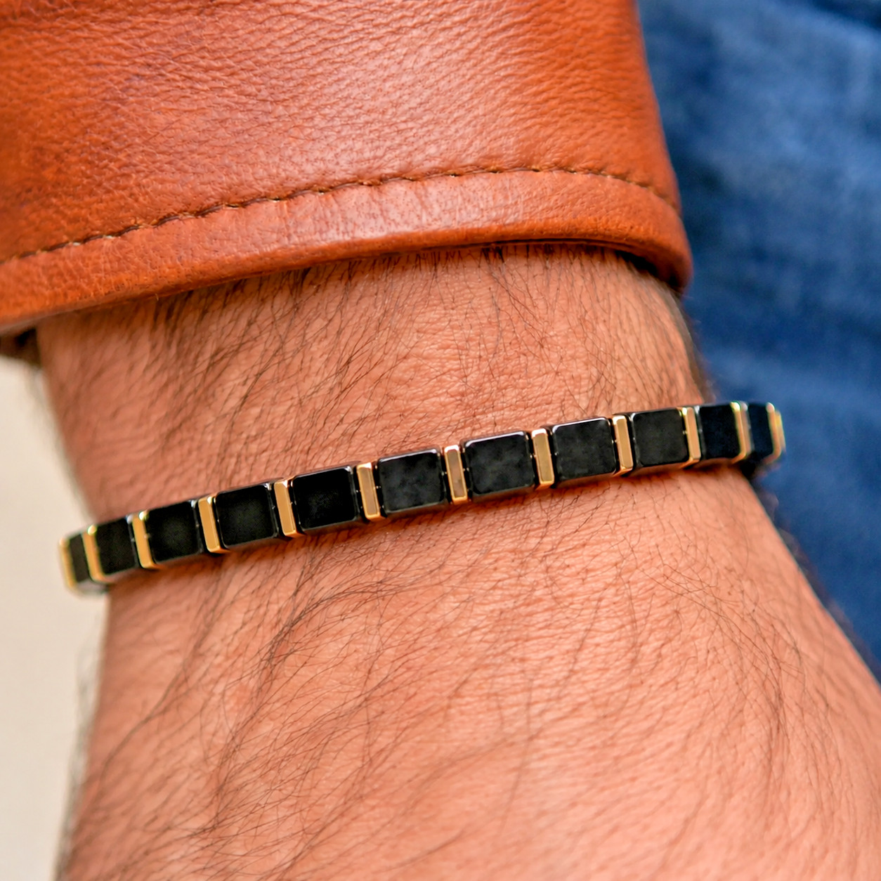 Natural Black Obsidian Cube Bracelet Mens Minimalist Beaded Stone Bracelet Gift