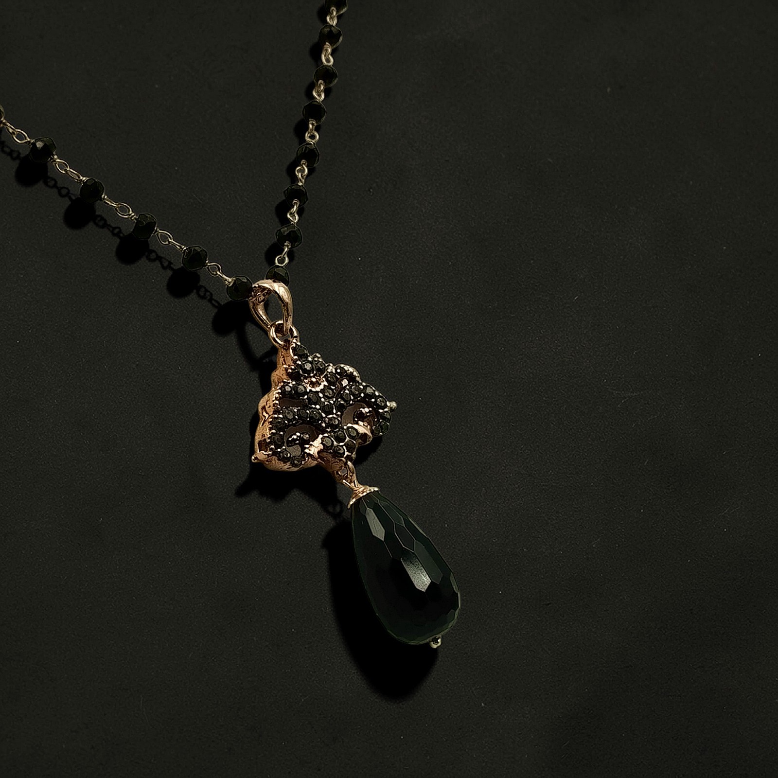 Victorian Pink Silver Pendant with Black Spinels and Handmade Onyx