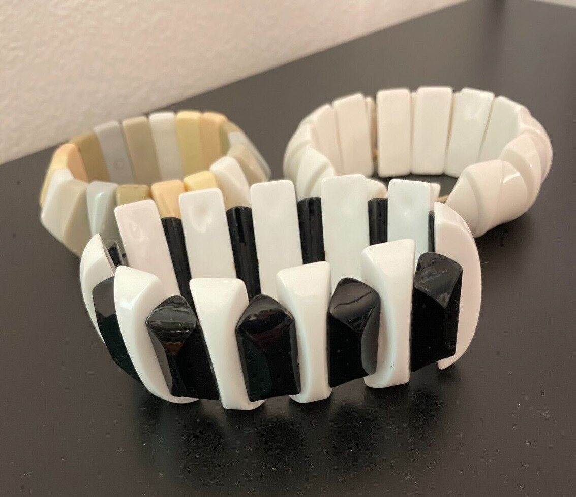 3 VTG Funky Triangle Black, White, Yellow, Gray Acrylic Stretch Bracelet Retro