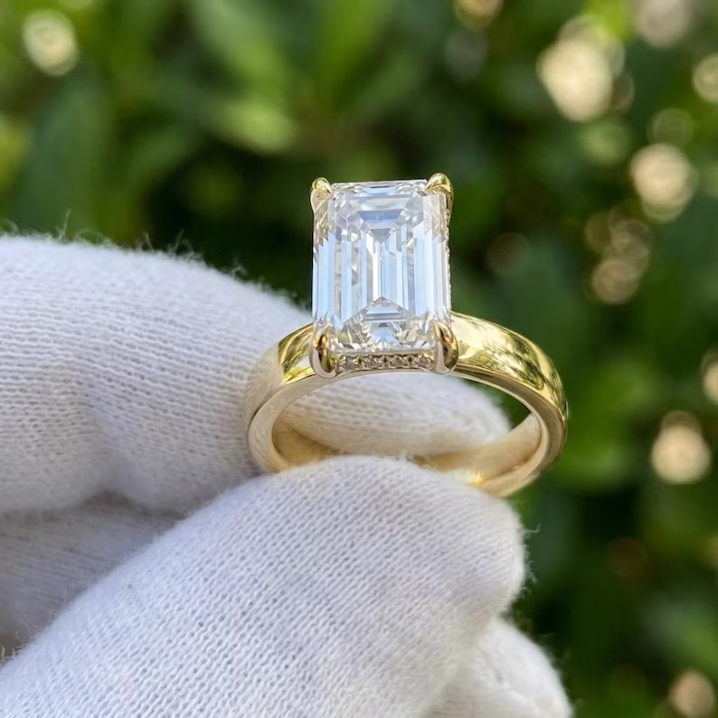 Lab Grown Diamond 4.20Ct EMERALD-Cut HIDDEN HALO Wedding Ring EF 14K YELLOW GOLD
