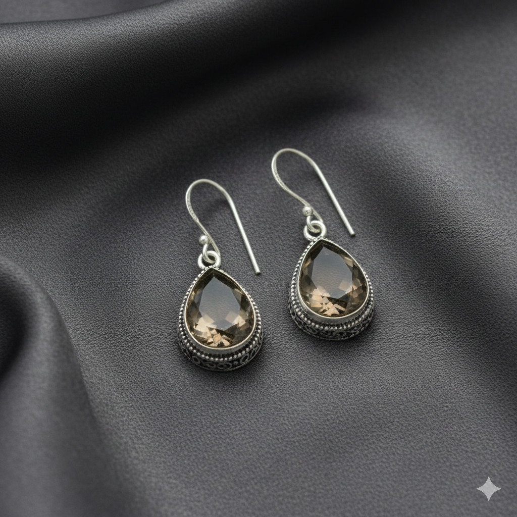 Pear Natural Smoky Quartz Dangle Drop Minimal Dainty Earrings Jewelry 925 Silver