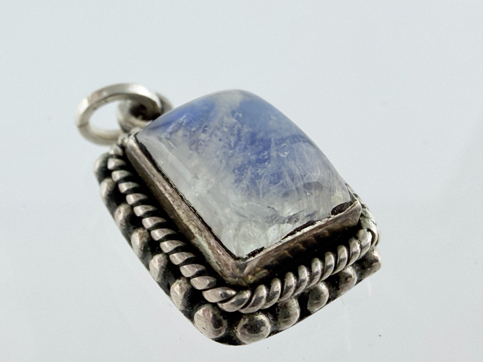Vintage Sterling Silver Blue Moonstone Rectangular Cabochon Pendant Charm .75 In