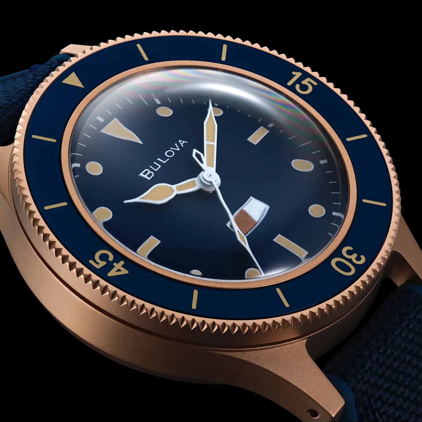 Bulova MIL-SHIPS 98A325 Automatic Blue Dial Bronze Case CORDURA Strap Men Watch